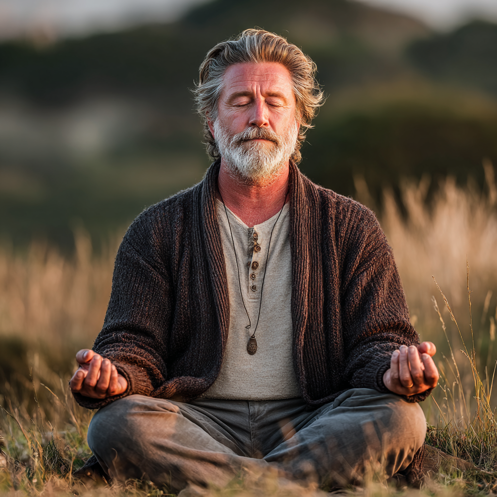Mature man in his 50s practicing meditation pose outdoors in natural setting, showing peaceful concentration